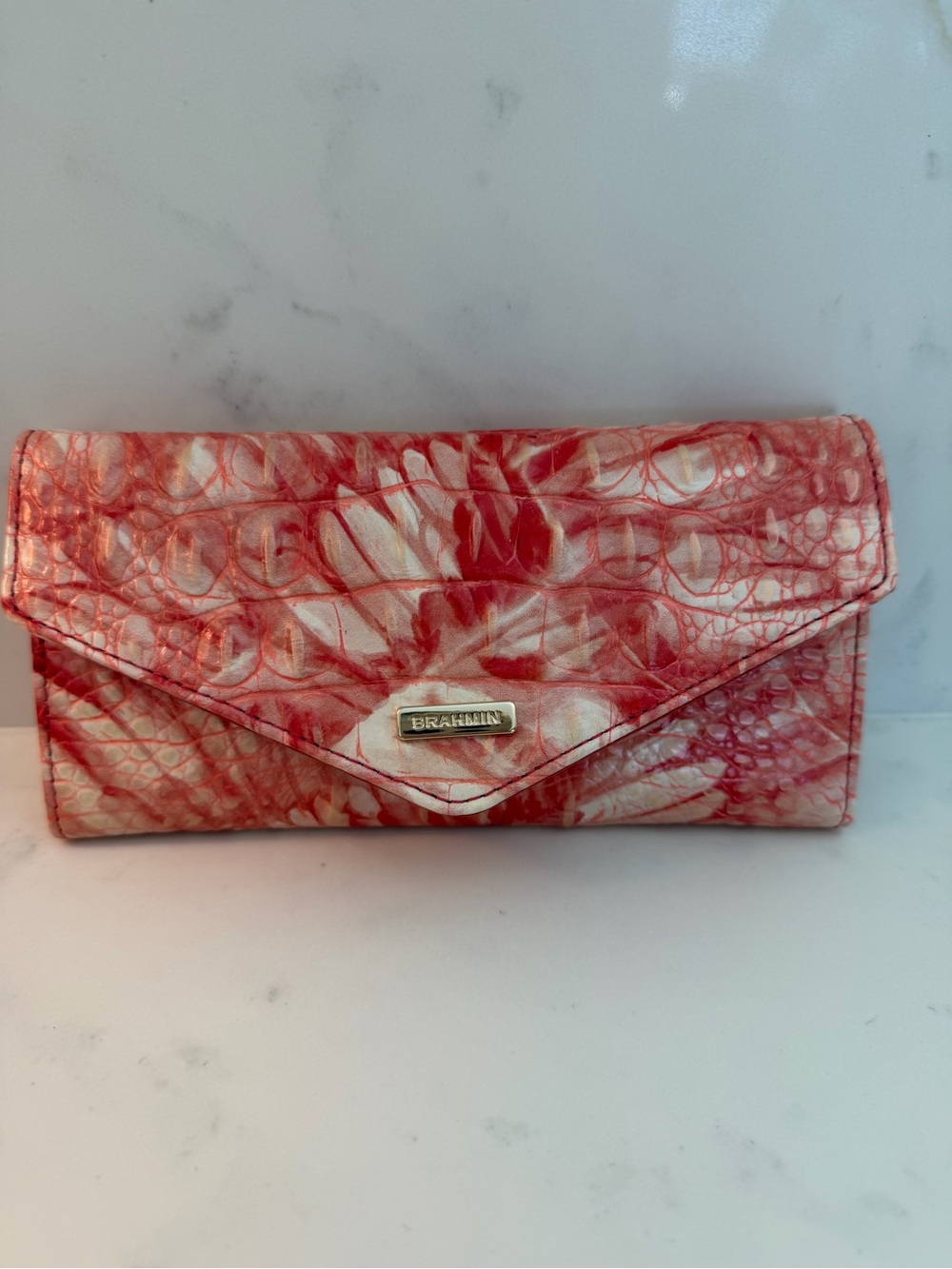 Brahmin Veronica Coral/Red-White Embossed Leather Envelope Continental Wallet